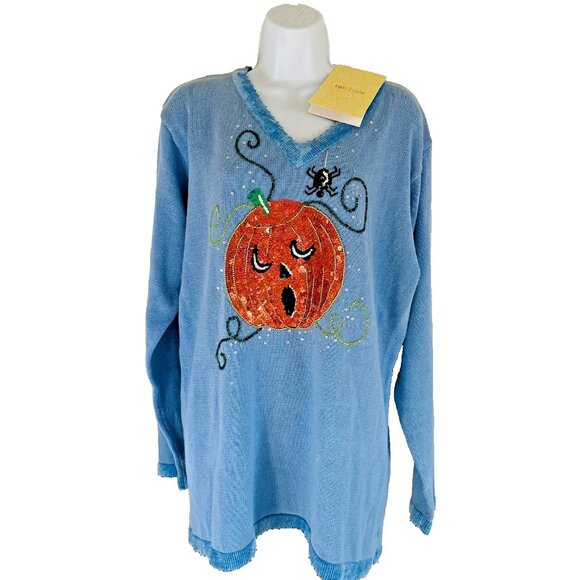 Quacker Factory Halloween Sweater Sz L Sequin Jack O Lantern Pumpkin Spider NEW - Picture 1 of 4